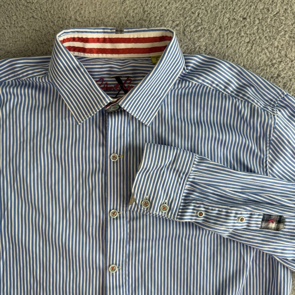 Robert Graham Shirt Mens L Blue Striped Long Sleeve Button Up Cotton Flip Cuff